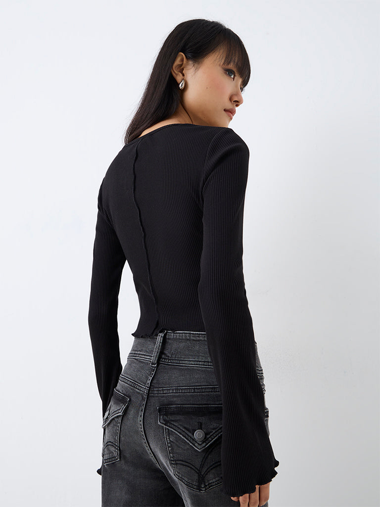Nuon Black Tie-Up Detail Ribbed Top — photo 4