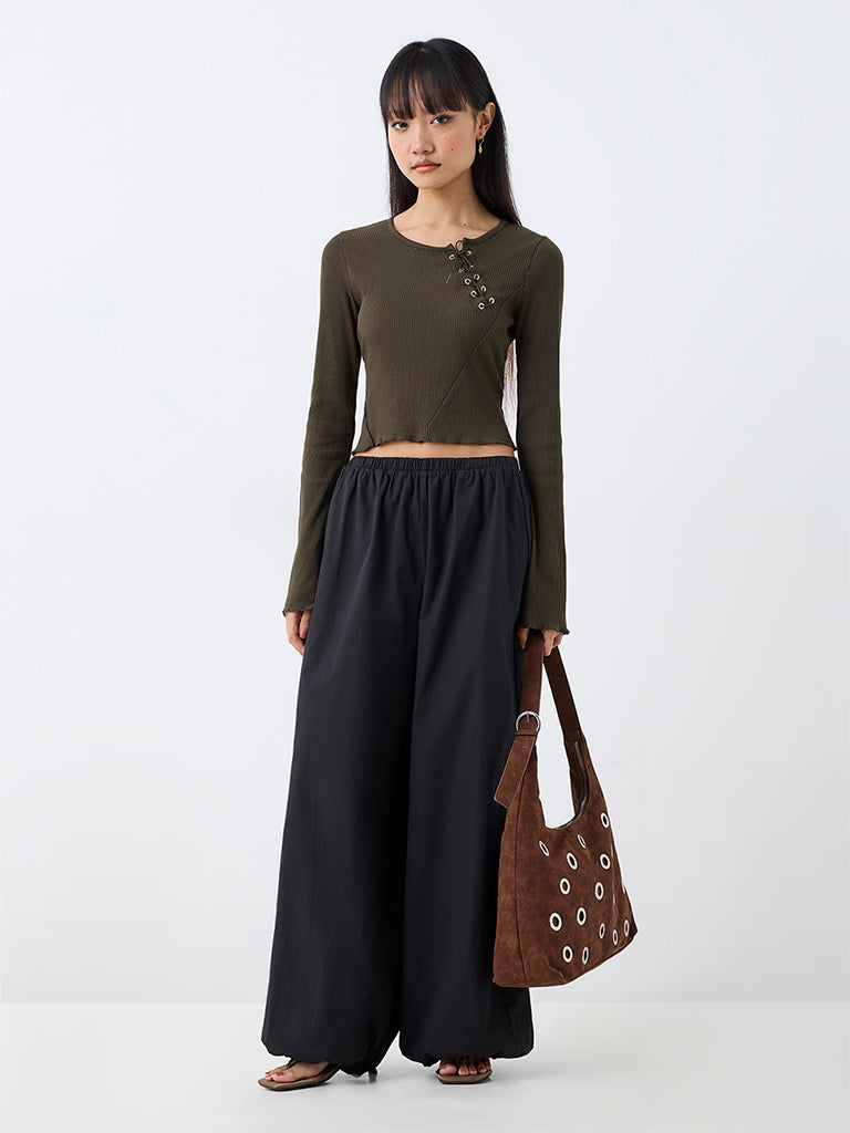 Nuon Dark Olive Tie-Up Detail Ribbed Top — photo 1
