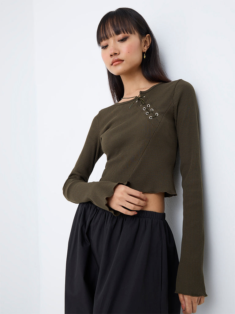 Nuon Dark Olive Tie-Up Detail Ribbed Top — photo 2