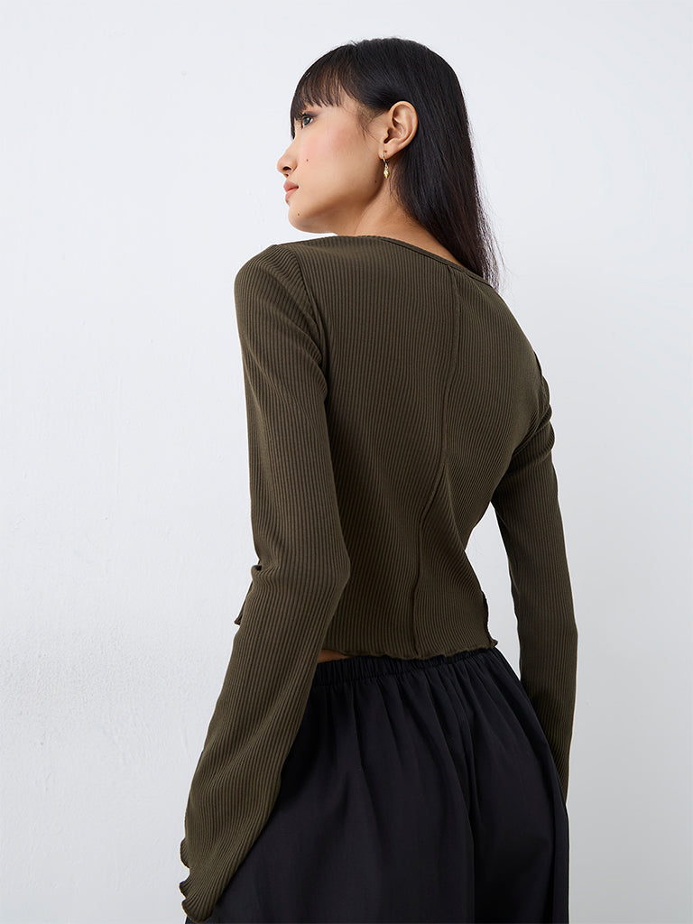 Nuon Dark Olive Tie-Up Detail Ribbed Top — photo 4