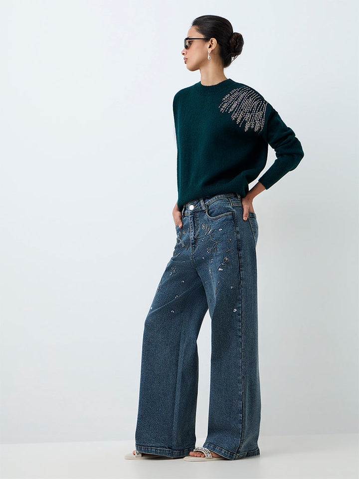 LOV Dark Teal Embellished Sweater
