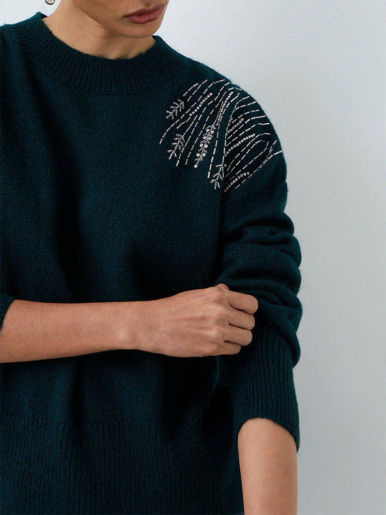LOV Dark Teal Embellished Sweater — photo 3