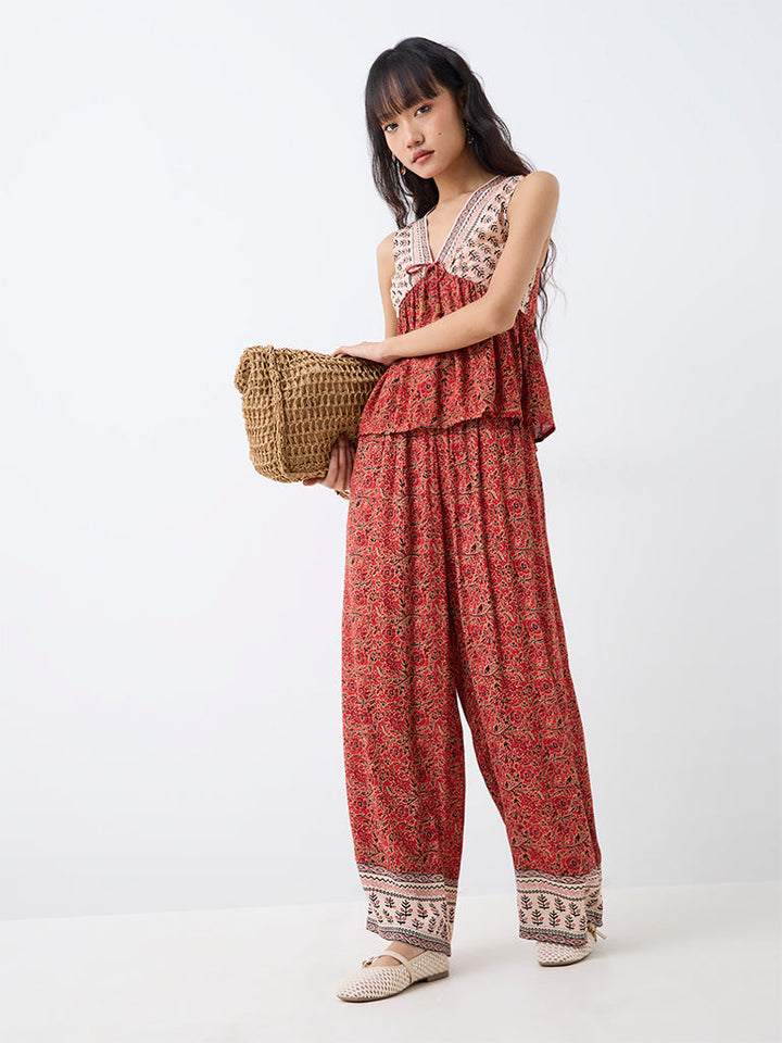 Bombay Paisley Red Floral Pattern High-Rise Pants