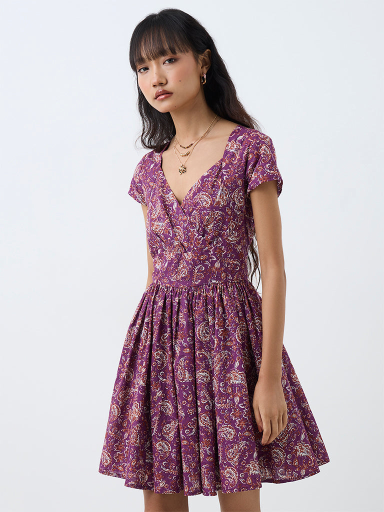 Bombay Paisley Purple Paisley Printed Cotton Fit-and-Flare Dress — photo 1