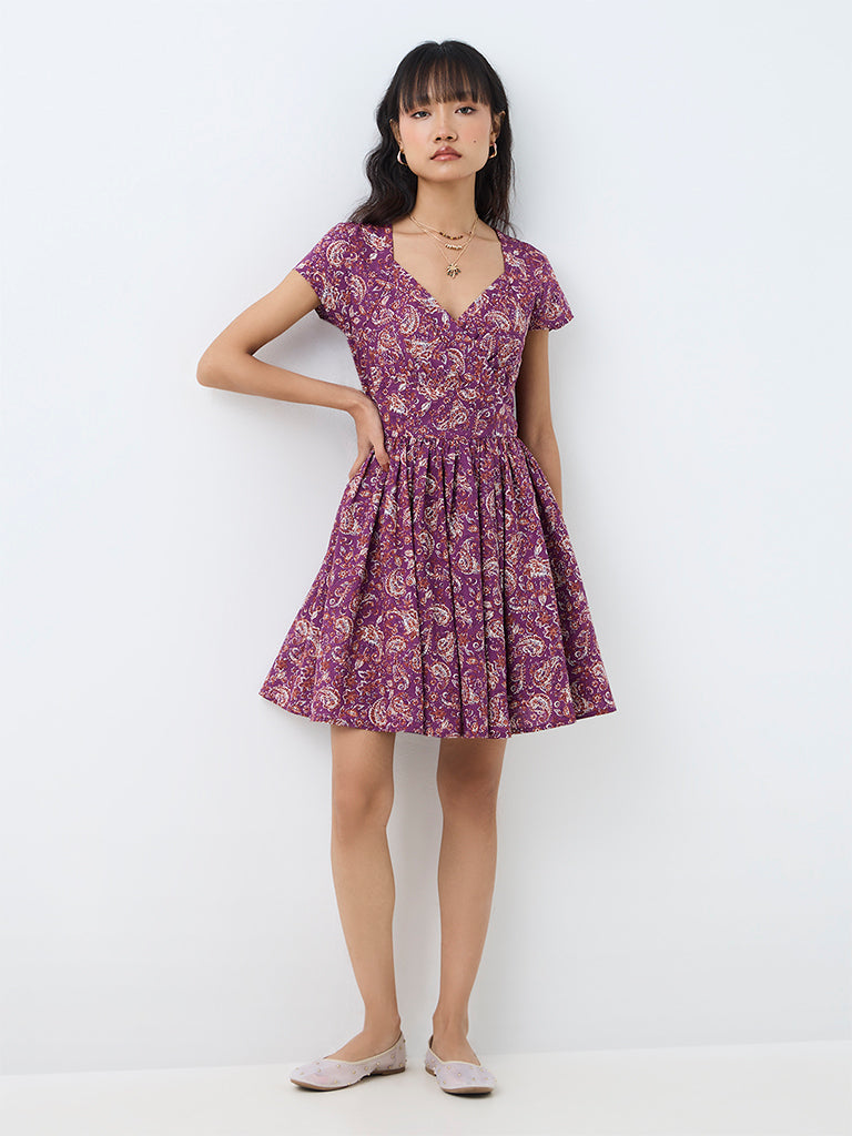 Bombay Paisley Purple Paisley Printed Cotton Fit-and-Flare Dress — photo 2
