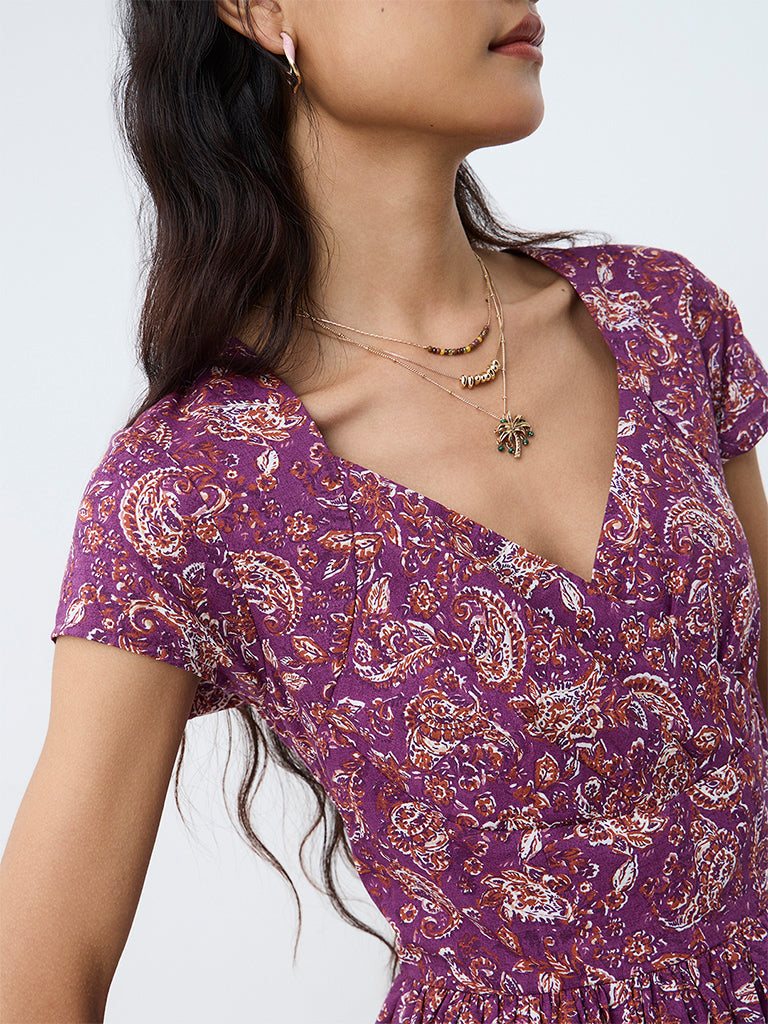 Bombay Paisley Purple Paisley Printed Cotton Fit-and-Flare Dress — photo 3