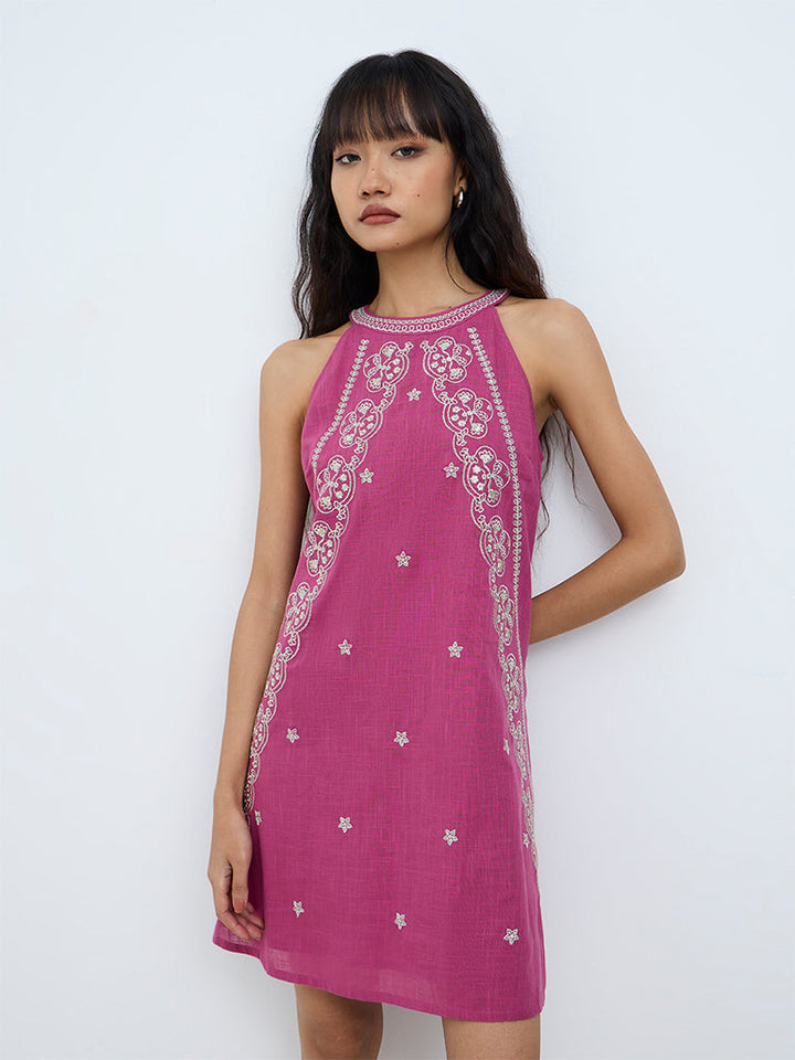 Paisley Pink Floral Embroidered Cotton Shift Dress