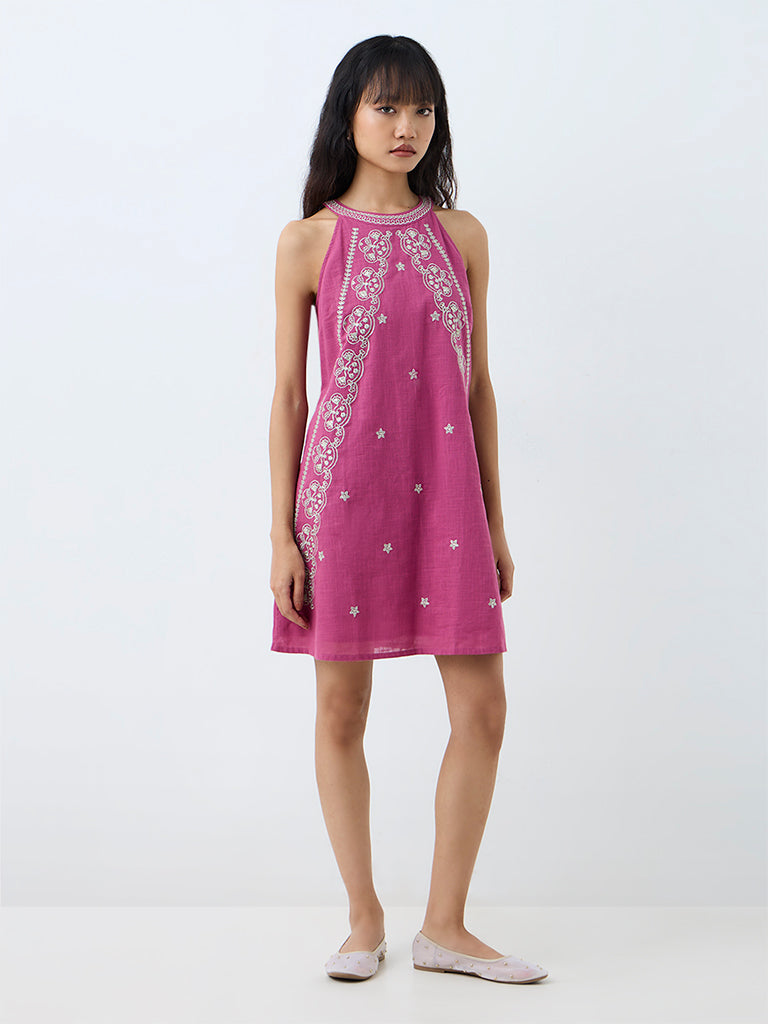 Paisley Pink Floral Embroidered Cotton Shift Dress — image 2