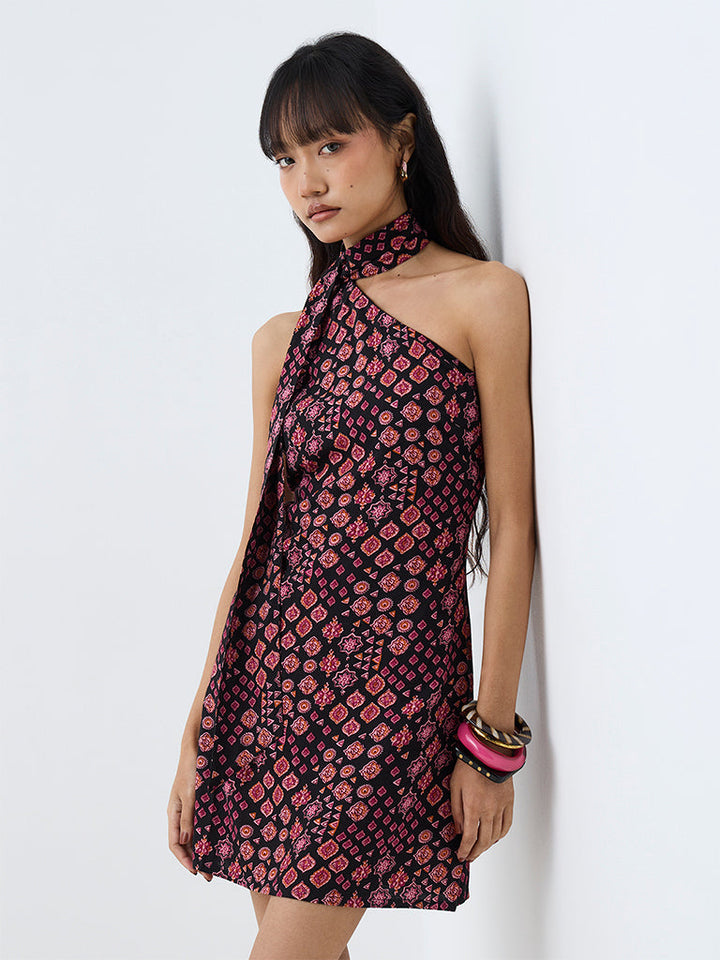 Bombay Paisley Black Printed One-Shoulder A-Line Mini Dress
