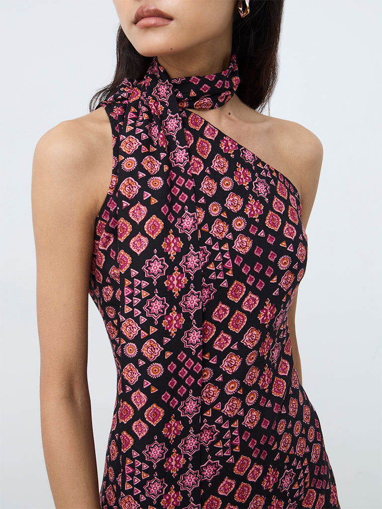 Bombay Paisley Black Printed One-Shoulder A-Line Mini Dress — photo 3