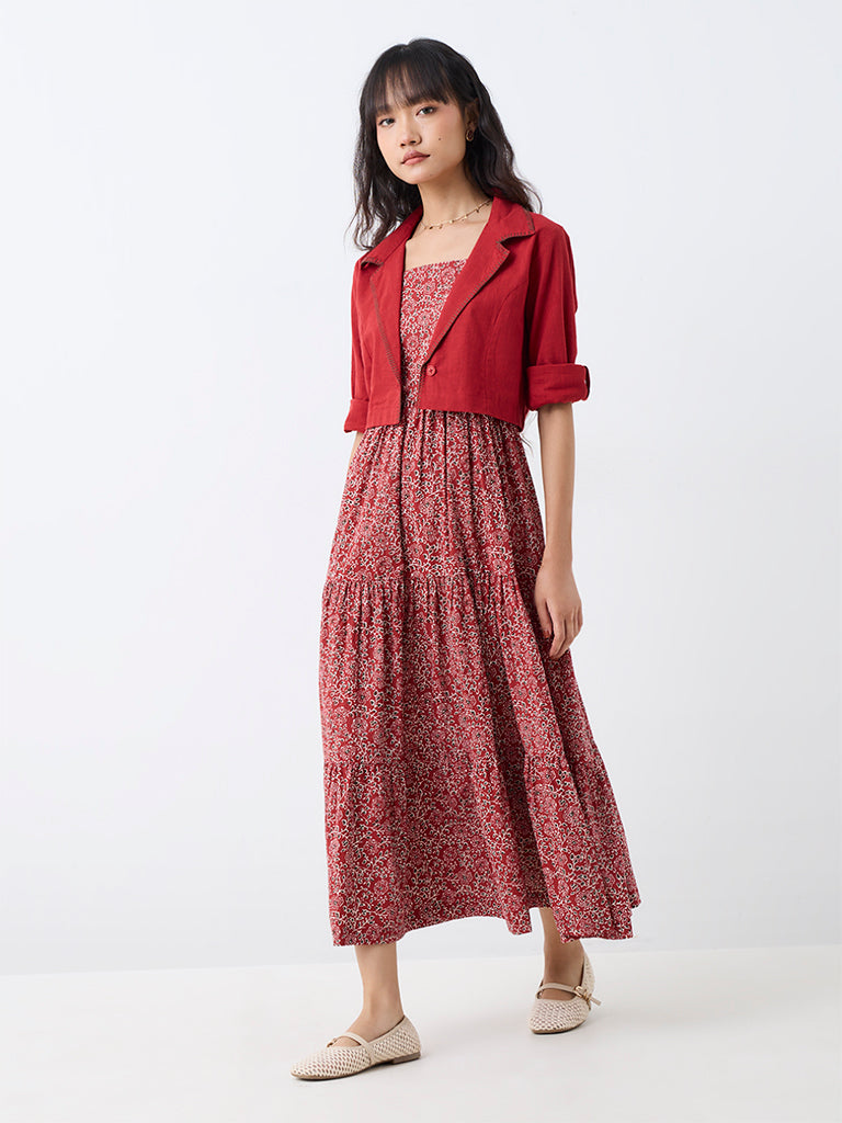 Bombay Paisley Red Floral Printed Cotton Tiered Dress with Jacket — photo 2