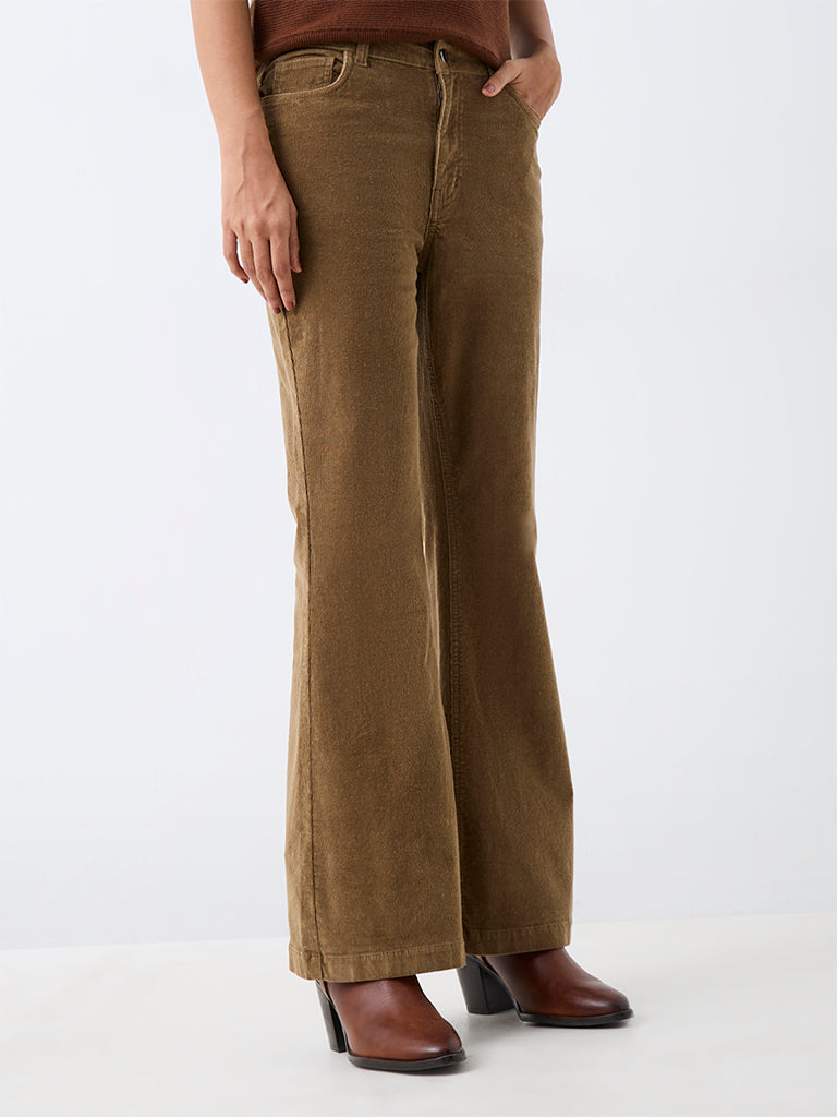 LOV Khaki Bootcut High-Rise Corduroy Cotton-Blend Trousers — photo 2