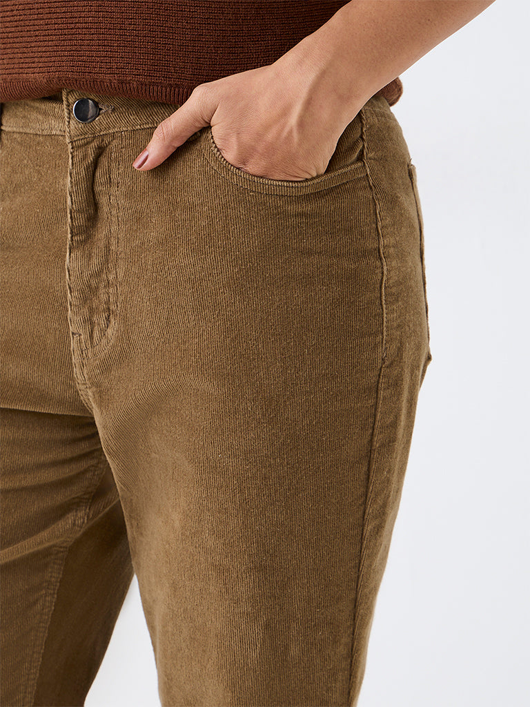 LOV Khaki Bootcut High-Rise Corduroy Cotton-Blend Trousers — photo 3