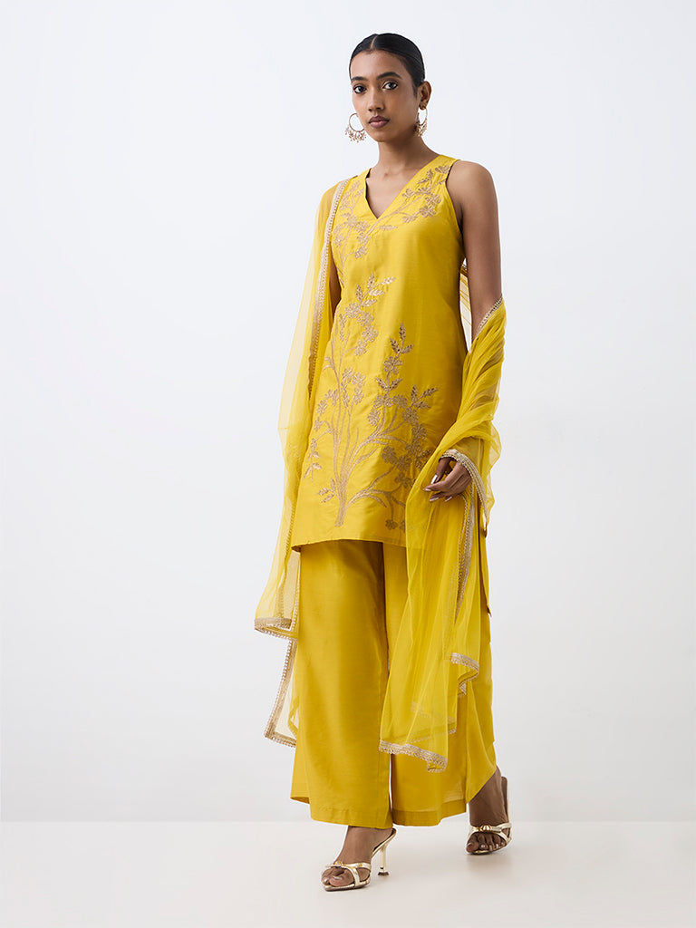 Yellow Floral Embroidered A-Line Ethnic Set — photo 2