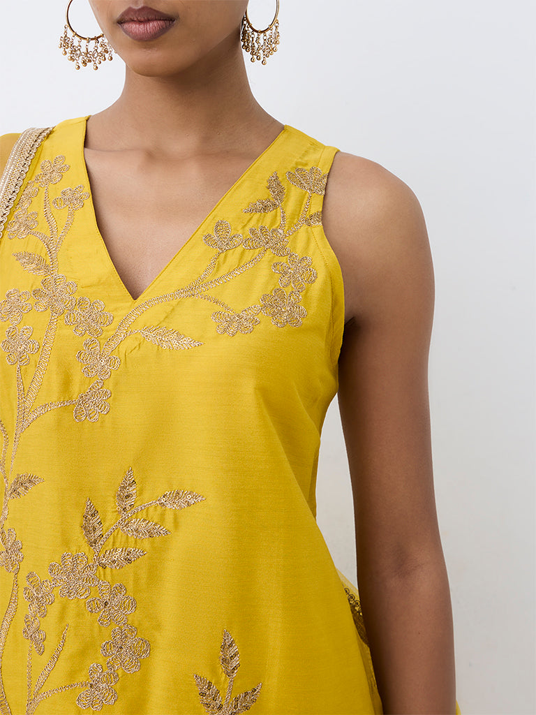 Yellow Floral Embroidered A-Line Ethnic Set — photo 3