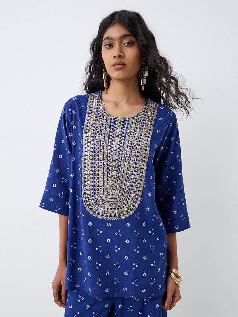 Dark Blue Sequin Embellished Tunic and Bandhani Palazzos Set — photo 1
