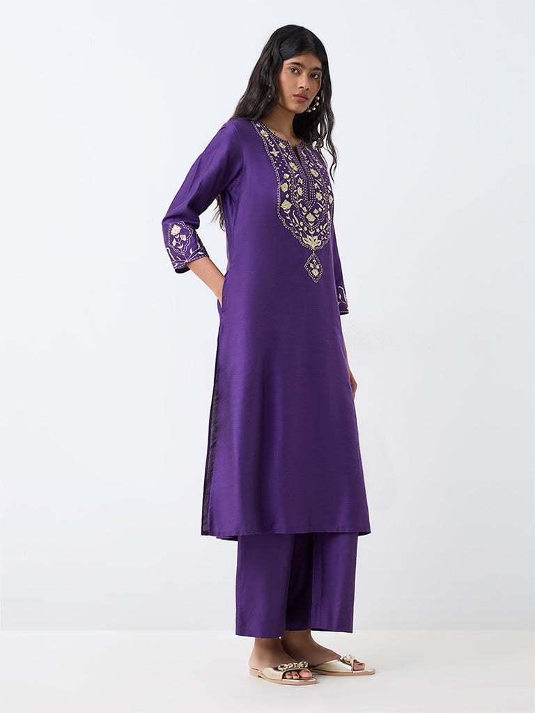 Violet Floral Embroidered A-Line Kurta and Solid Pants Set — image 5