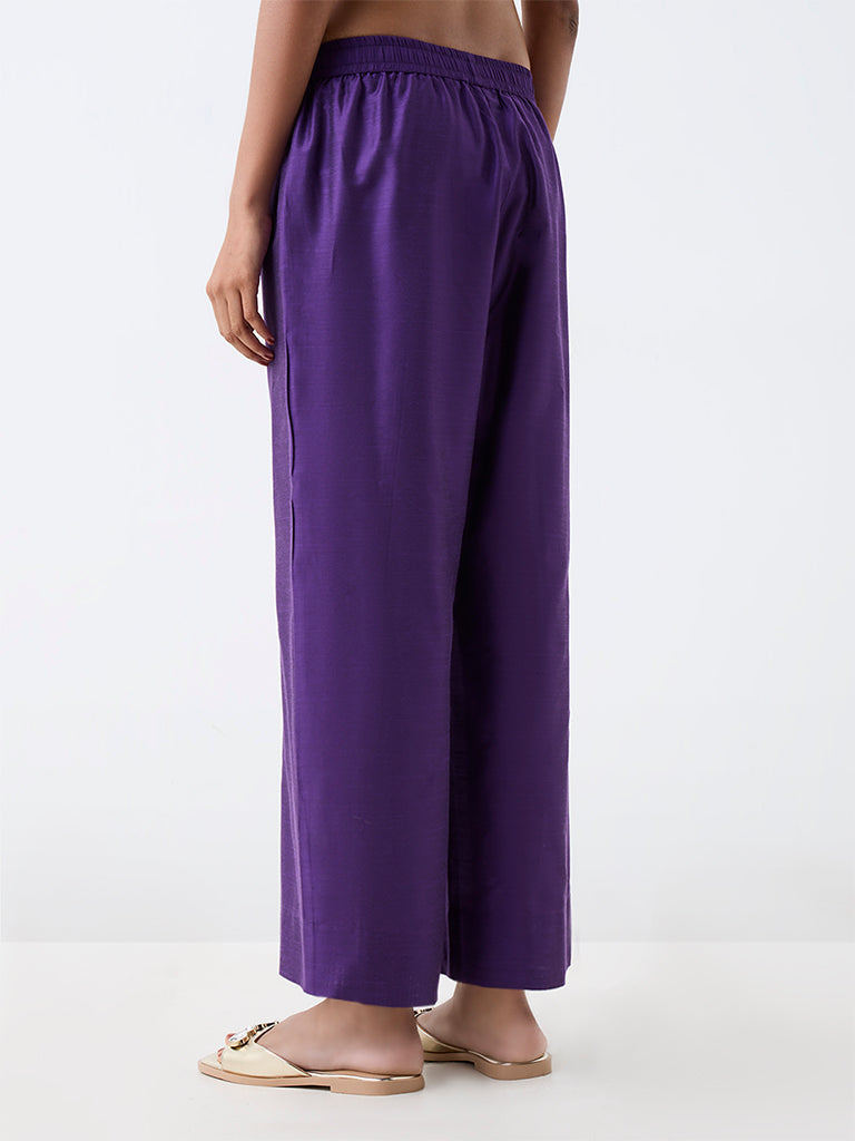 Violet Floral Embroidered A-Line Kurta and Solid Pants Set — image 8