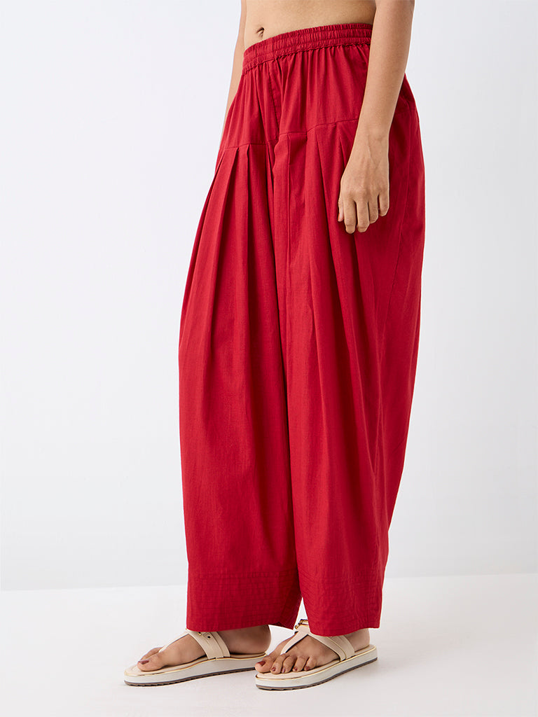 Red Floral Embroidered Kurti and Cotton Farshi Salwar Set — photo 5