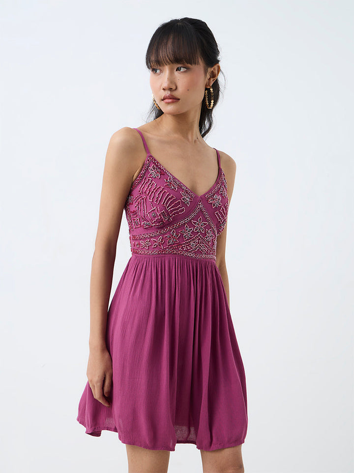 Bombay Paisley Purple Floral Embellished Cotton Fit-and-Flare Mini Dress