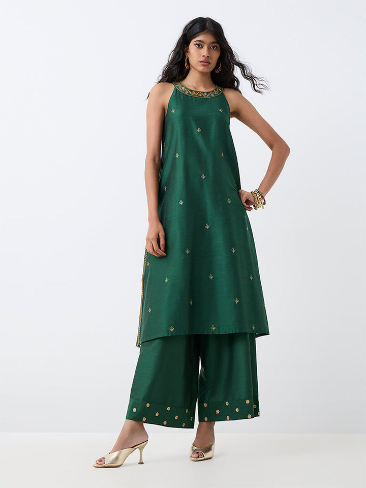 Dark Green Botanical Embroidered A-Line Kurta