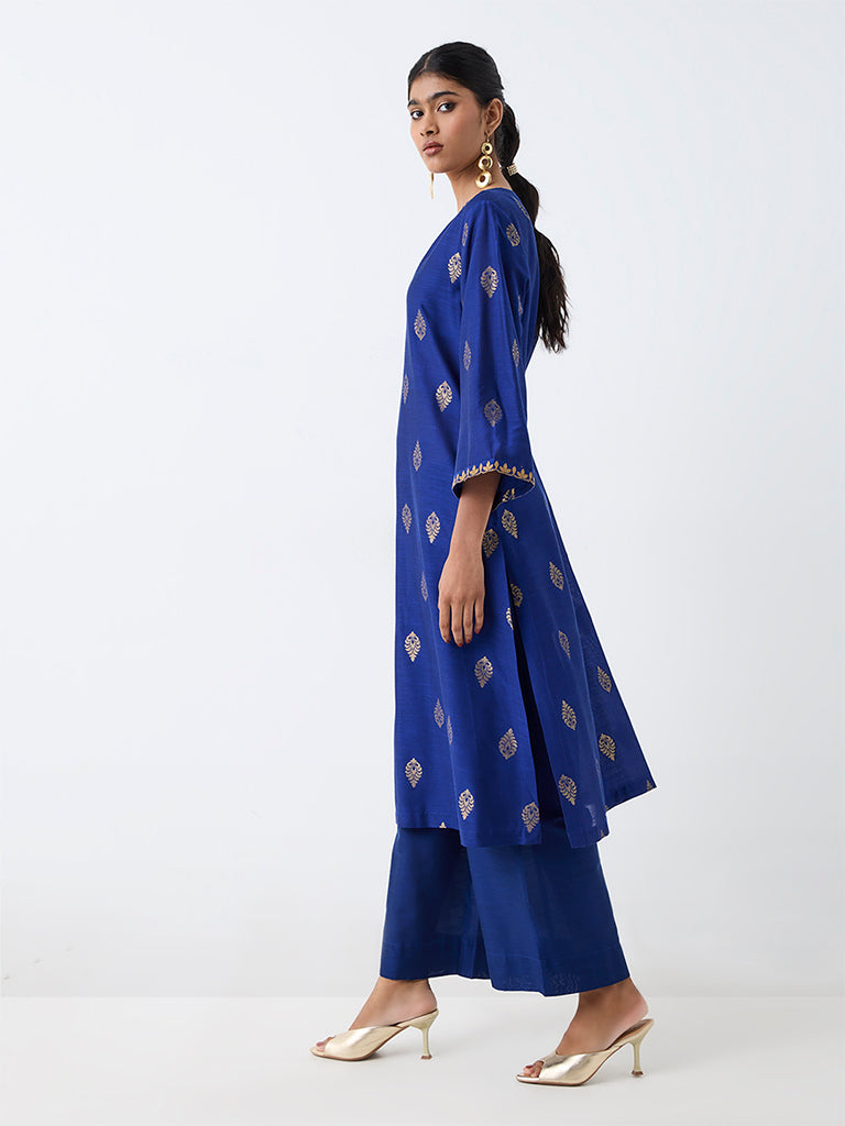 Blue Floral Printed A-Line Kurta — photo 2