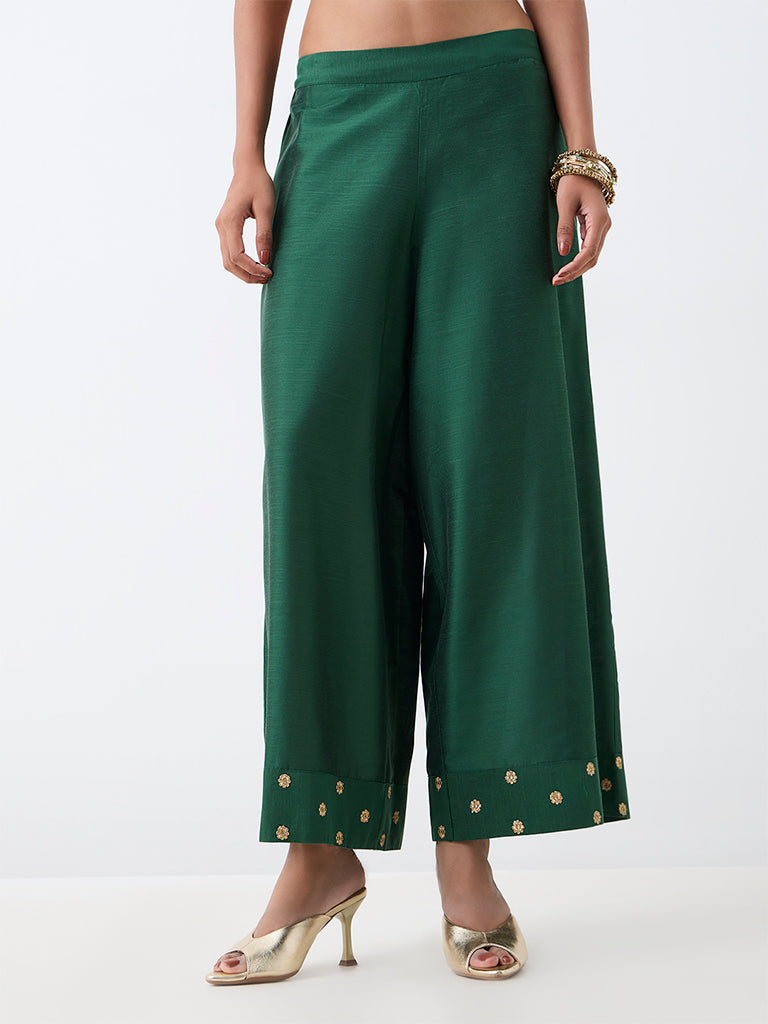 Utsa Dark Green Floral Embroidered Pants — photo 1