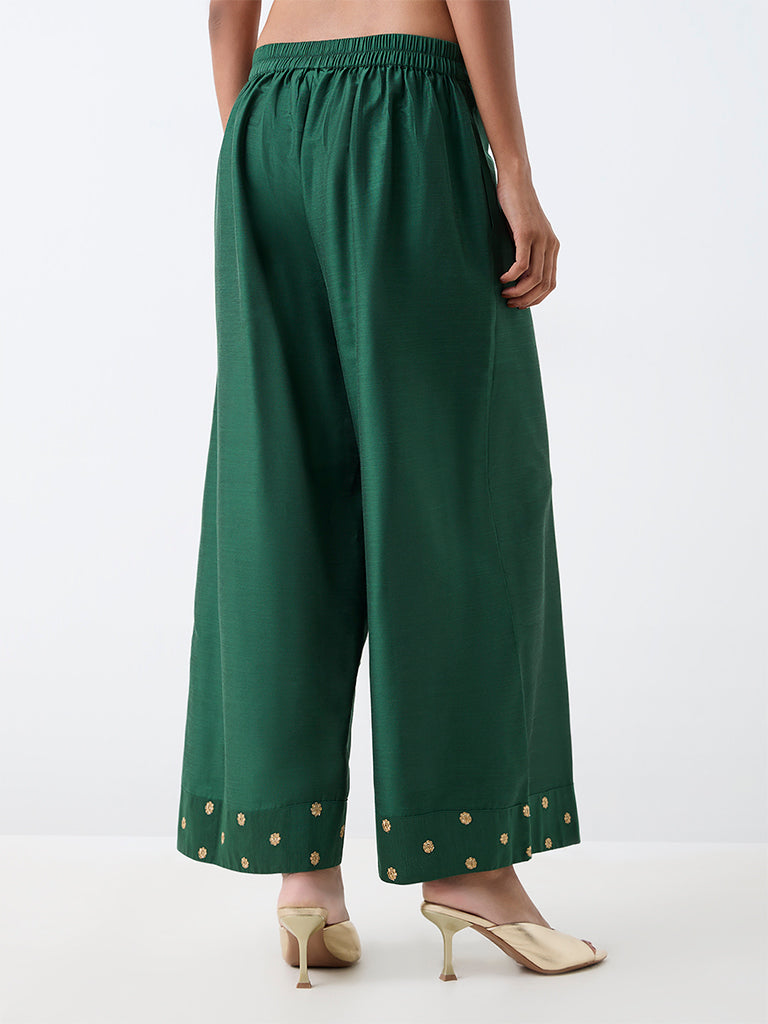 Utsa Dark Green Floral Embroidered Pants — photo 3