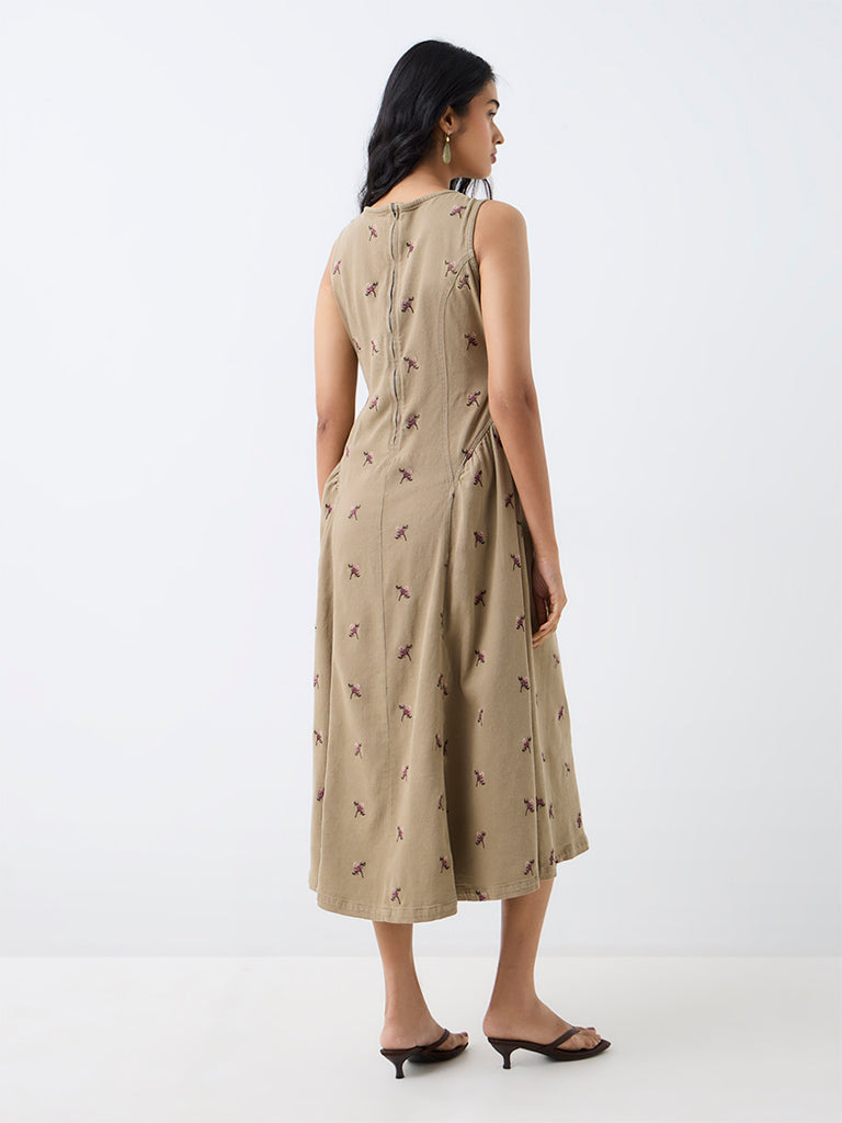 LOV Khaki Floral Embroidered A-Line Denim Dress — photo 4