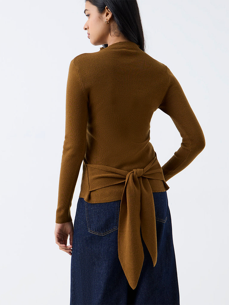 LOV Brown Tie-Up Detail Ribbed Top — photo 4