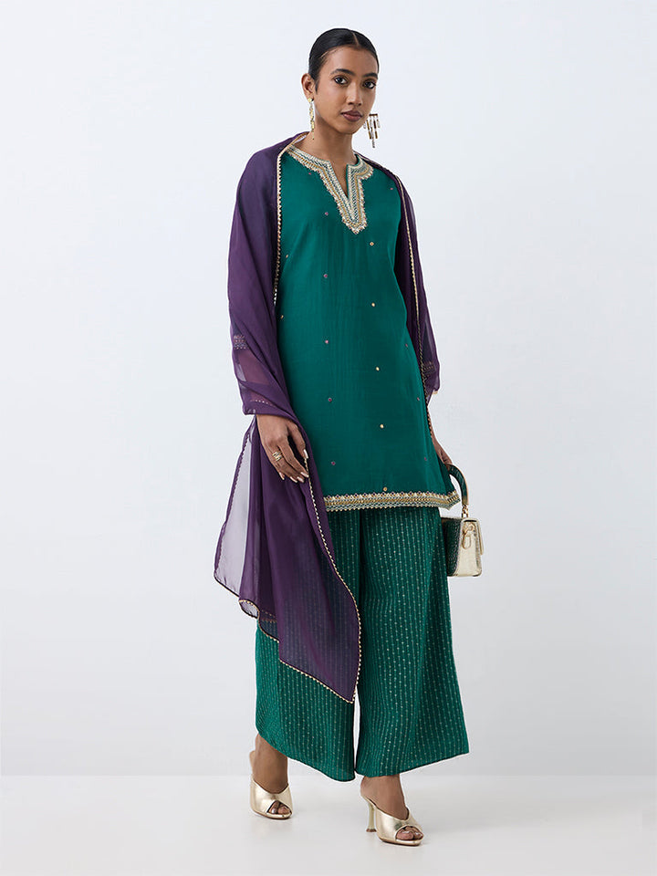Dark Teal Mirror Embroidered A-Line Ethnic Set