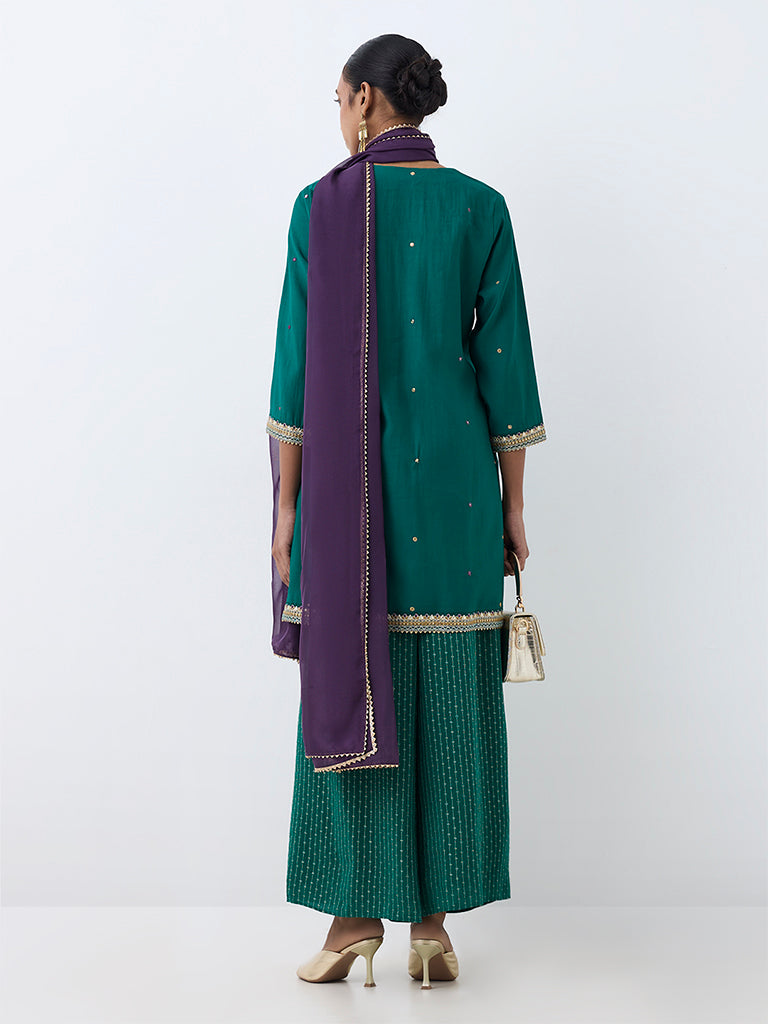 Dark Teal Mirror Embroidered A-Line Ethnic Set — photo 4