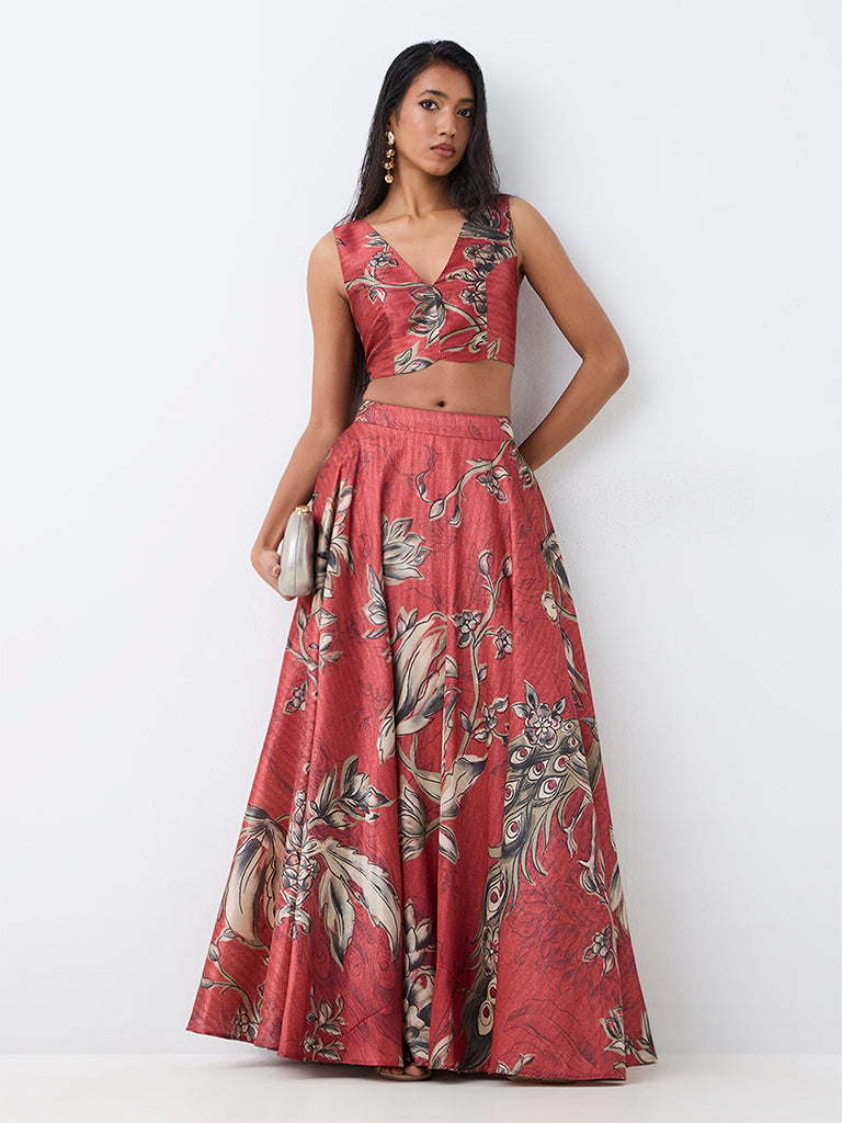 Red Floral Printed Crop Top — photo 1