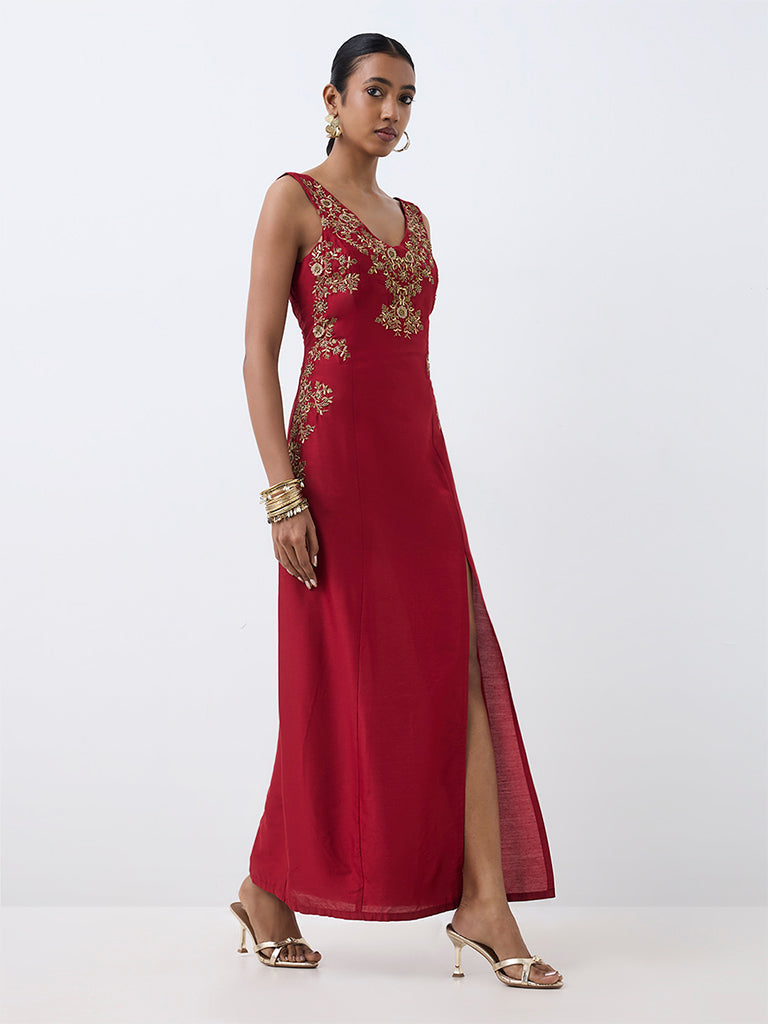 Red Floral Embellished Sheath Dress — photo 2
