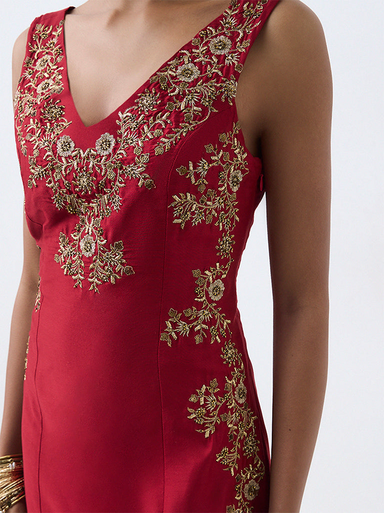 Red Floral Embellished Sheath Dress — photo 3