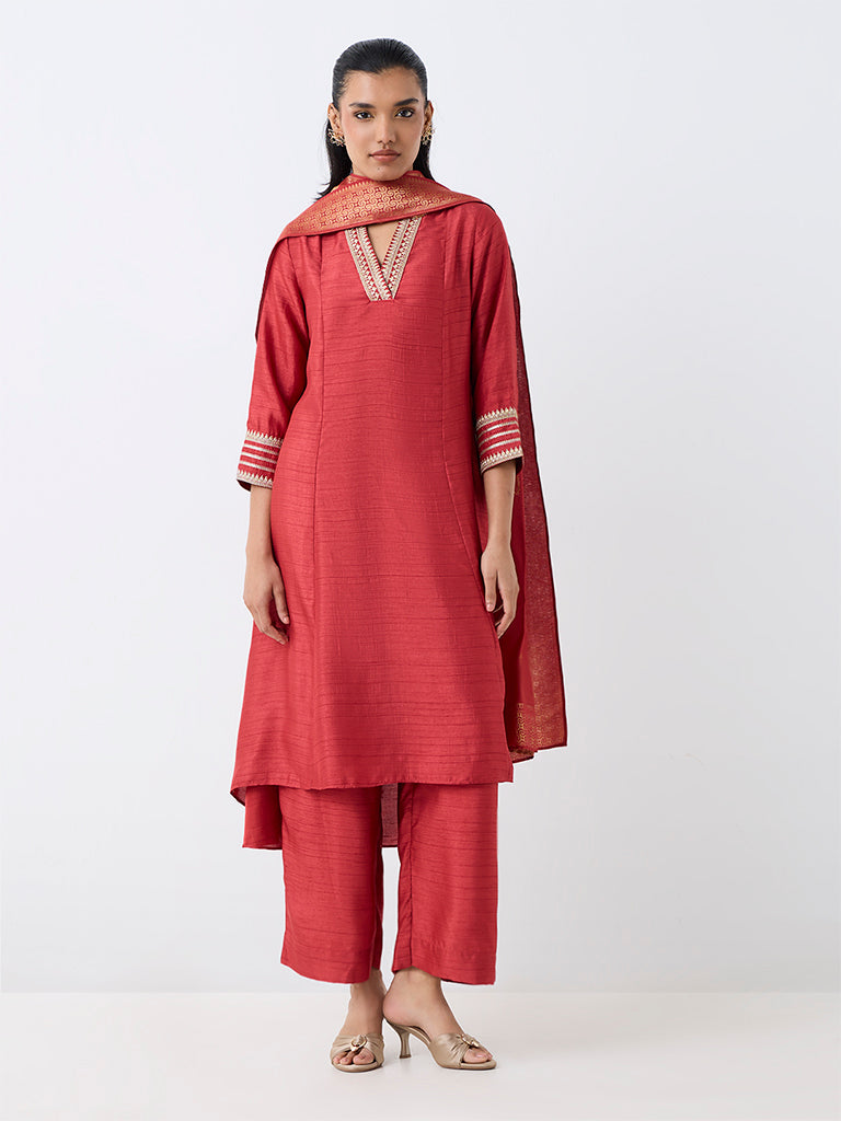 Red Zari Embroidered A-Line Ethnic Set — photo 1