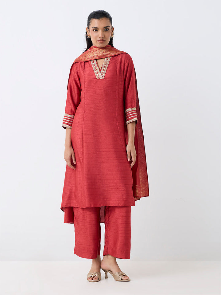 Red Zari Embroidered A-Line Ethnic Set