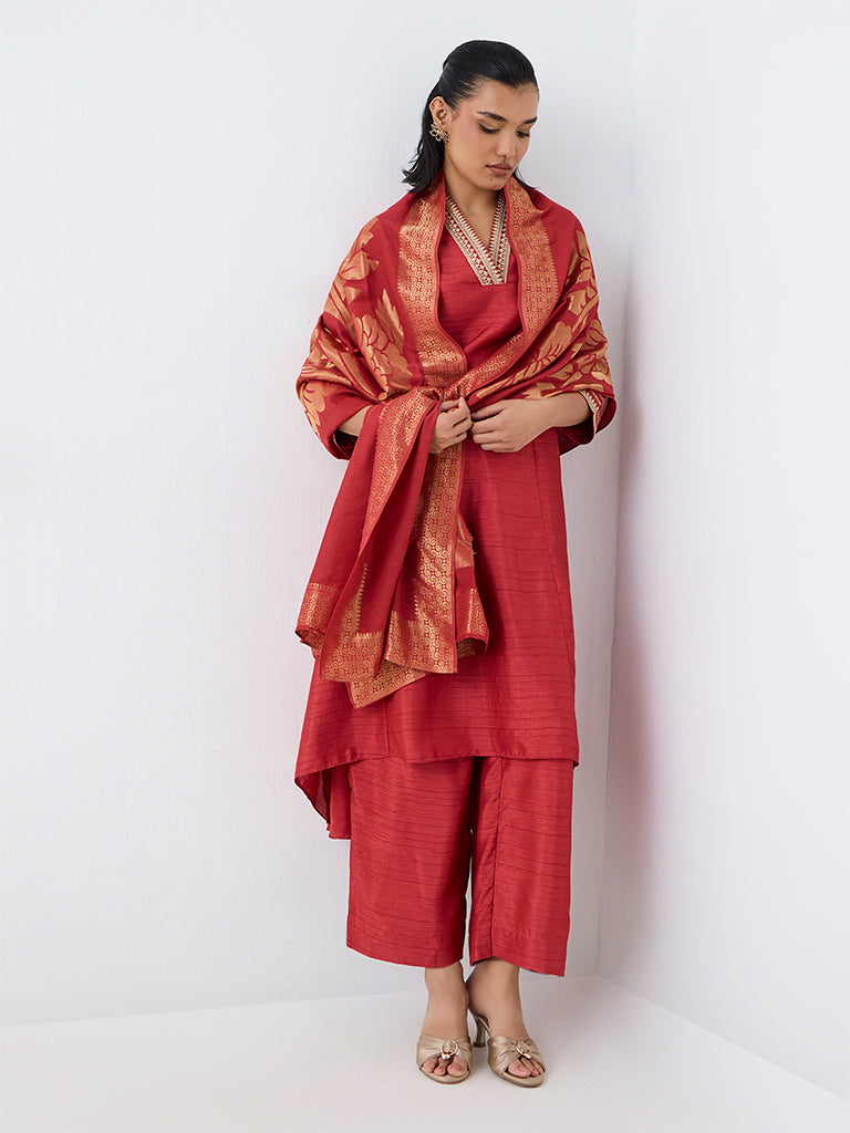 Red Zari Embroidered A-Line Ethnic Set — photo 2
