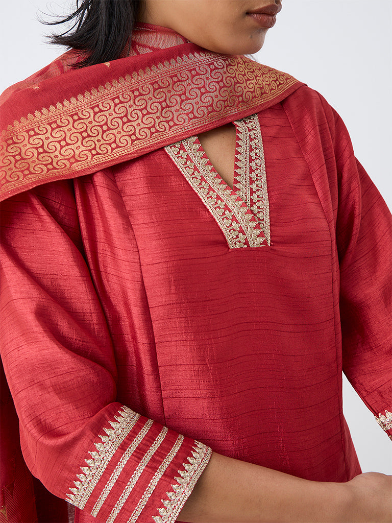 Red Zari Embroidered A-Line Ethnic Set — photo 3