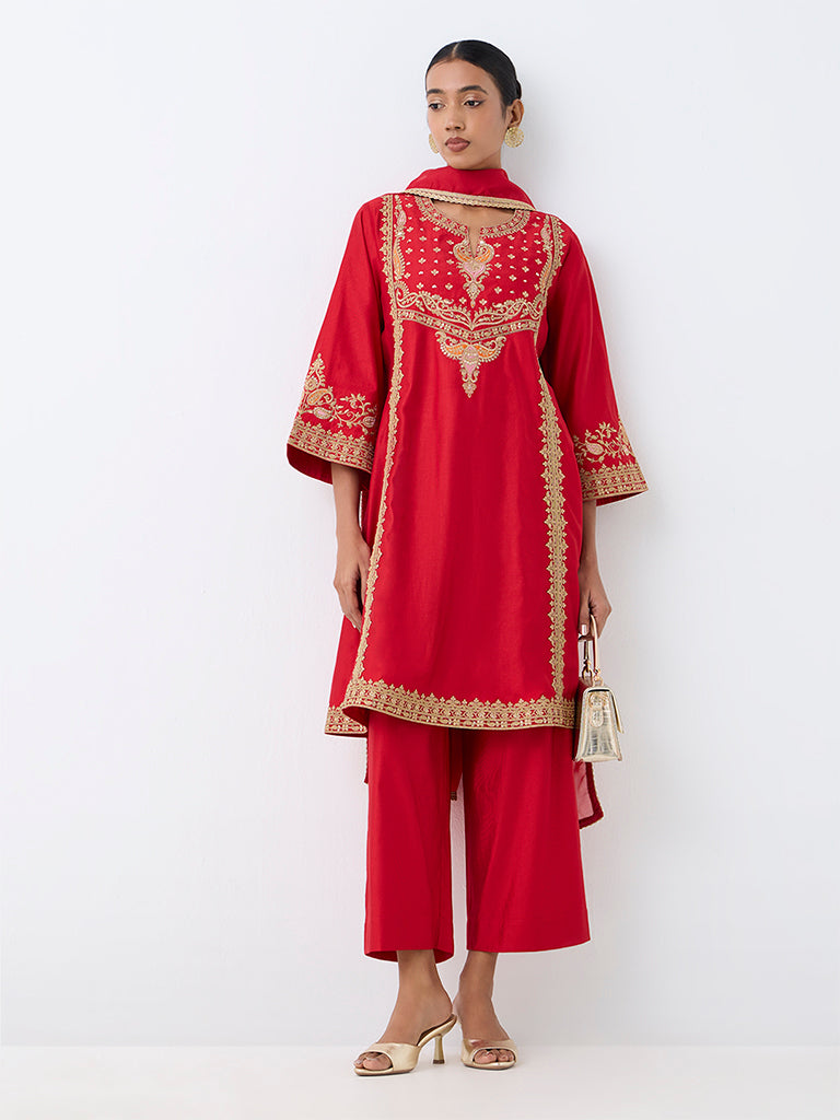 Red Floral Embroidered A-Line Ethnic Set — photo 1