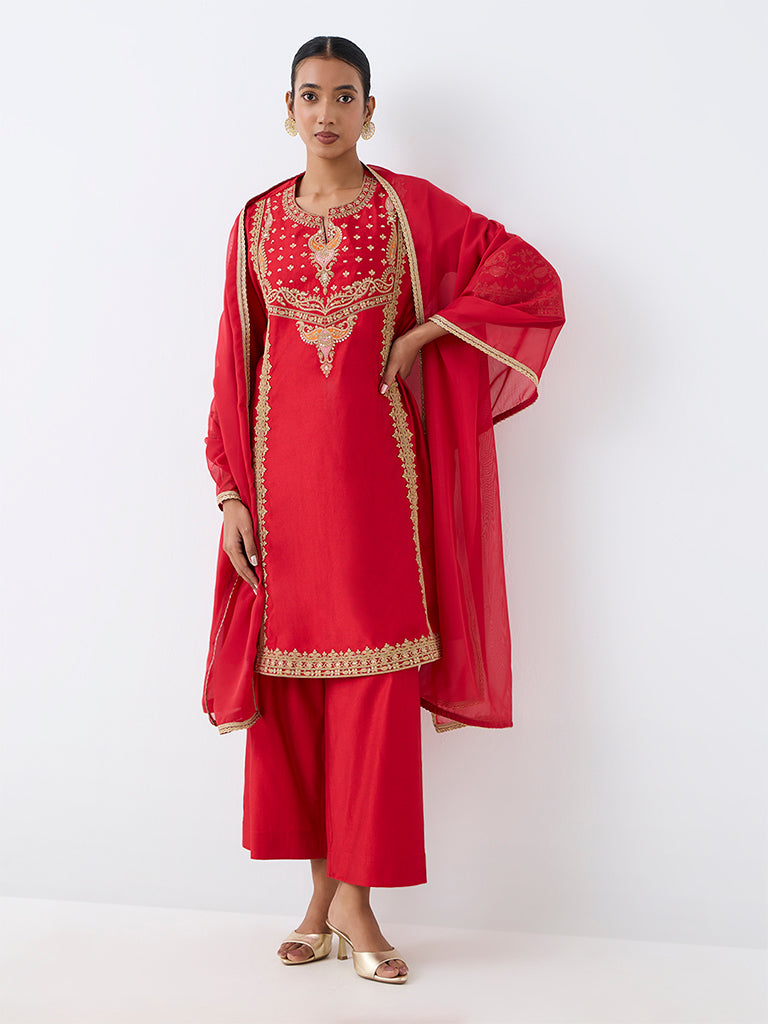 Red Floral Embroidered A-Line Ethnic Set — photo 2