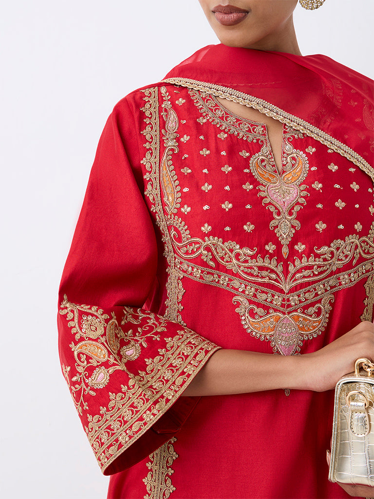Red Floral Embroidered A-Line Ethnic Set — photo 3
