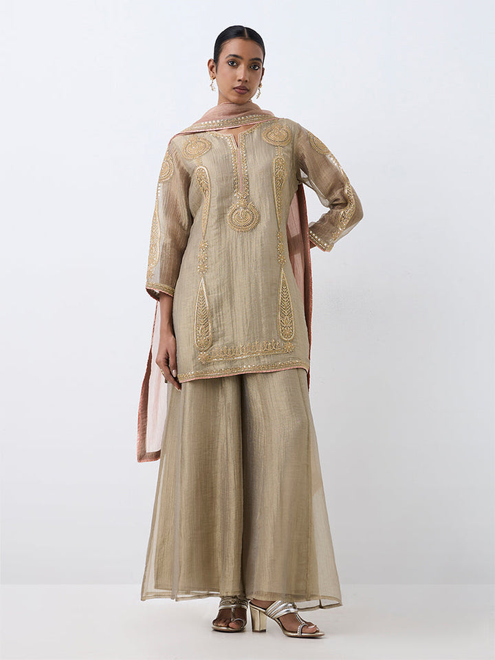 Taupe Paisley Embroidered Short Kurta And Flared Palazzos Set