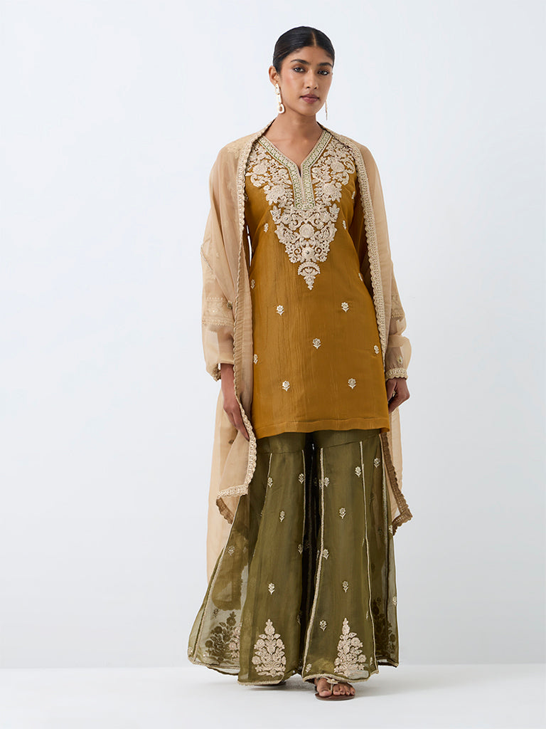 Mustard Embroidered Straight Kurta With Sharara Set — photo 1