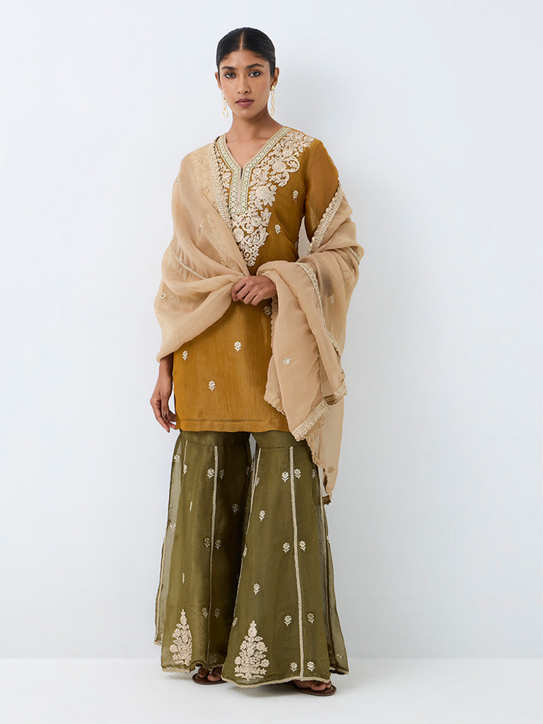 Mustard Embroidered Straight Kurta With Sharara Set — photo 2