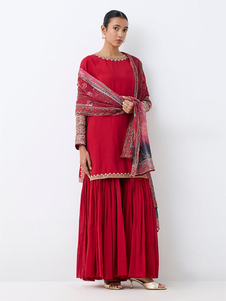 Red Floral Embroidered A-Line Kurta And Sharara Ethnic Set
