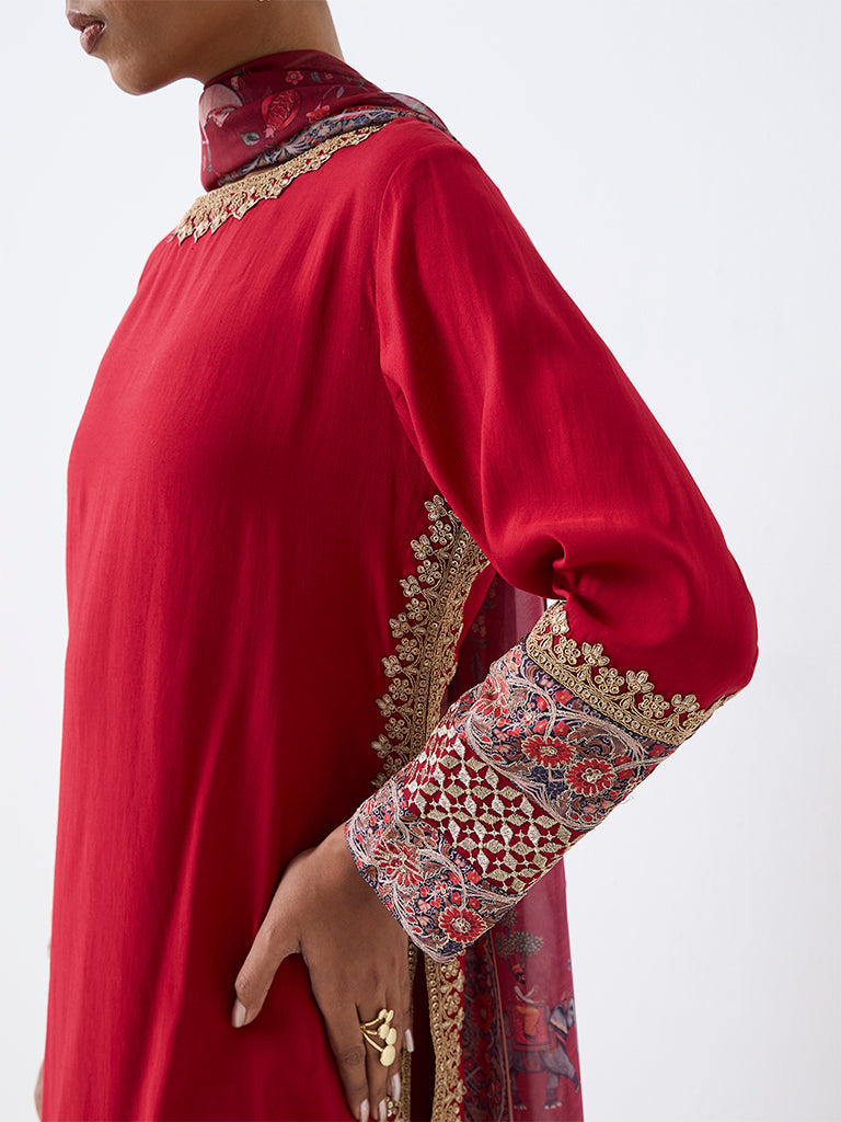 Red Floral Embroidered A-Line Kurta And Sharara Ethnic Set — photo 3