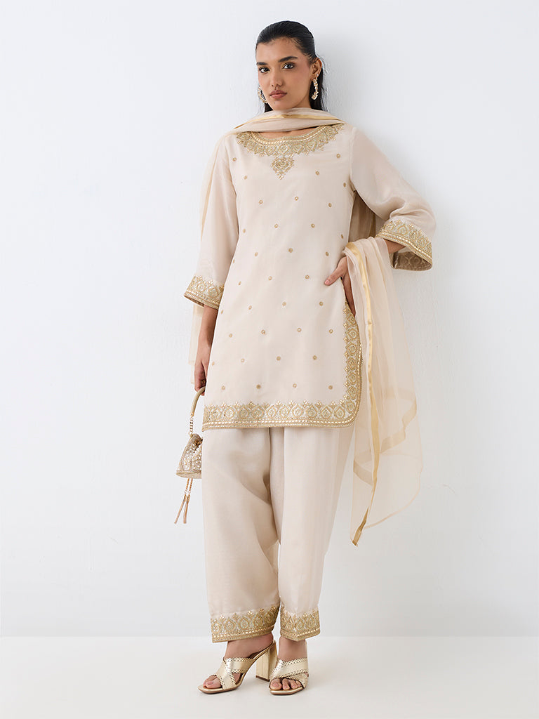 Off-White Floral Embellished A-Line Kurta And Salwar Set — photo 2