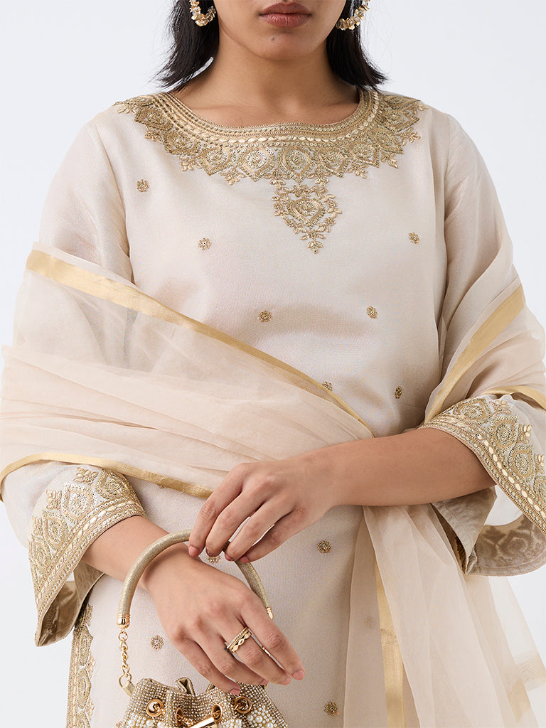 Off-White Floral Embellished A-Line Kurta And Salwar Set — photo 3