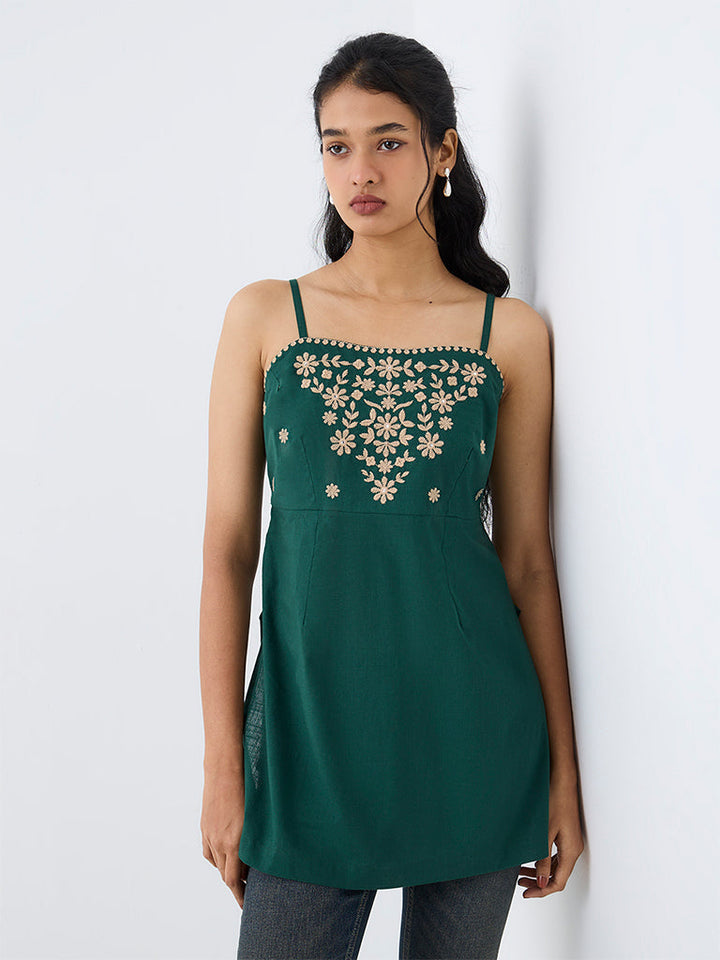 Utsa Dark Green Floral Embroidered Cotton Tunic